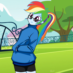 Size: 1074x1080 | Tagged: safe, artist:philelmago, character:rainbow dash, my little pony:equestria girls, clothing, compression shorts, cute, dashabetes, female, glasses, solo