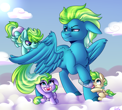 Size: 2200x2000 | Tagged: safe, artist:shyshyoctavia, oc, oc only, species:pegasus, species:pony, baby, baby bottle, baby pony, biting, cloud, diaper, father and child, female, filly, flying, high res, male, nom, pacifier, stallion, wing bite