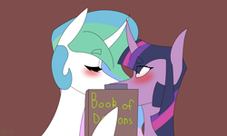 Size: 2000x1200 | Tagged: safe, artist:moonakart13, artist:moonaknight13, character:princess celestia, character:twilight sparkle, species:pony, ship:twilestia, blushing, blushing profusely, book, bookmark, covering mouth, eyes closed, female, kissing, lesbian, mare, shipping, shocked, simple background
