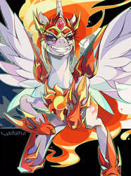 Size: 1600x2147 | Tagged: safe, artist:tyuubatu, character:daybreaker, character:princess celestia, species:alicorn, species:pony, episode:a royal problem, g4, my little pony: friendship is magic, evil grin, fangs, female, grin, helmet, mare, smiling, solo
