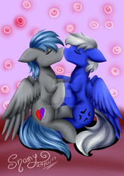 Size: 1024x1448 | Tagged: safe, artist:shamy-crist, oc, oc only, species:pegasus, species:pony, g4, eyebrows, eyes closed, floppy ears, gay, kissing, male, oc x oc, pegasus oc, profile, shipping, signature, sitting, stallion, watermark, wings