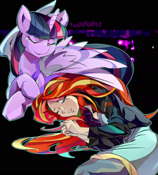 Size: 1600x1780 | Tagged: safe, artist:tyuubatu, character:sunset shimmer, character:twilight sparkle, character:twilight sparkle (alicorn), species:alicorn, species:human, species:pony, ship:sunsetsparkle, my little pony:equestria girls, clothing, comforting, duo, female, humanized, jacket, lesbian, mare, prone, shipping, smiling, wing blanket