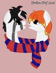 Size: 2322x3000 | Tagged: safe, alternate version, artist:dookin, oc, oc only, oc:dookin foof lord, oc:the mad badger, species:earth pony, species:pony, species:unicorn, g4, bust, clothing, cuddling, cute, earth pony oc, gay, male, profile, request, requested art, scarf, scarf cuddles, shared clothing, shared scarf, simple background, stallion, unicorn oc