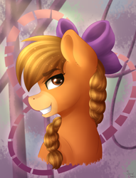 Size: 2600x3400 | Tagged: safe, artist:spirit-dude, oc, oc only, species:pony, bow, brown eyes, bust, hair bow, solo, yellow coat, yellow mane