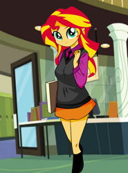 Size: 1816x2456 | Tagged: safe, artist:philelmago, character:sunset shimmer, my little pony:equestria girls, canterlot high, clothing, cute, female, legs, library, moe, skirt, socks, solo, sweater vest