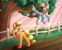 Size: 2500x2000 | Tagged: safe, artist:spirit-dude, character:applejack, character:rainbow dash, species:pegasus, species:pony, clothing, cowboy hat, crepuscular rays, cute, dirt path, duo, eyes closed, fence, freckles, grass, hat, mouth hold, open mouth, raised hoof, request, requested art, stetson, tongue out, tree