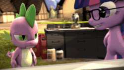 Size: 1280x720 | Tagged: safe, artist:argodaemon, character:owlowiscious, character:spike, character:twilight sparkle, character:twilight sparkle (alicorn), character:twilight sparkle (scitwi), species:alicorn, species:dragon, species:pony, 3d, abuse, animated, borderlands the pre-sequel, female, glasses, golden oaks library, mare, ponies the anthology v, rocket, science, sound, source filmmaker, spikeabuse, the science button, webm, youtube link