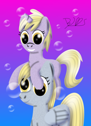 Size: 1449x2000 | Tagged: safe, artist:trackheadtherobopony, character:derpy hooves, character:dinky hooves, species:pegasus, species:pony, species:unicorn, bubble, cute, dinkabetes, equestria's best mother, female, filly, mare, mother and daughter, pony hat