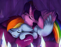 Size: 1992x1512 | Tagged: safe, artist:incendiaryboobs, artist:mylittlelevi64, character:rainbow dash, character:twilight sparkle, character:twilight sparkle (alicorn), species:alicorn, species:pegasus, species:pony, ship:twidash, female, lesbian, shipping, sleeping, snuggling