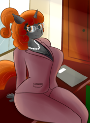 Size: 1100x1500 | Tagged: safe, artist:huckser, oc, oc only, oc:graphia, species:anthro, clothing, female, looking at you, office, sitting, solo