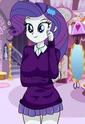 Size: 1500x2181 | Tagged: safe, artist:philelmago, character:rarity, my little pony:equestria girls, carousel boutique, clothing, female, miniskirt, skirt, smiling, solo