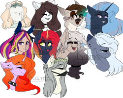 Size: 2000x1600 | Tagged: safe, artist:skimea, oc, oc only, species:earth pony, species:pony, species:unicorn, bust, curved horn, eyes closed, female, furry, mare, portrait, simple background, tongue out, transparent background, watermark