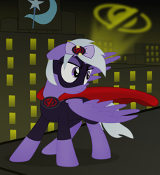 Size: 2500x2729 | Tagged: safe, artist:eagle1division, derpibooru original, oc, oc only, oc:comment, oc:hide, species:pegasus, species:pony, derpibooru, derpibooru ponified, action pose, bat signal, bow, cape, city, clothing, costume, cutie mark, female, hair bow, mare, meta, ponified, rooftop, solo, spotlight, superhero, tape, windswept mane