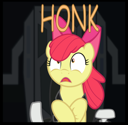 Size: 768x749 | Tagged: safe, artist:eagle1division, character:apple bloom, species:earth pony, species:pony, comic:applebloom's big haul, g4, animal noises, apple bloom's bow, bow, cockpit, crossed hooves, crossover, descriptive noise, elite dangerous, female, filly, g-force, great moments in vectoring, hair bow, honk, open mouth, science fiction, seatbelt, shrunken pupils, solo, spaceship, wide eyes, young