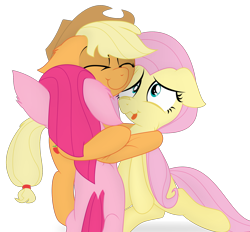 Size: 1916x1778 | Tagged: safe, artist:eagle1division, character:applejack, character:fluttershy, character:pinkamena diane pie, character:pinkie pie, species:earth pony, species:pegasus, species:pony, bipedal, clothing, cute, eyes closed, female, floppy ears, hat, hug, mare, simple background, smiling, tongue out, transparent background, trio, trio female