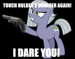 Size: 1725x1353 | Tagged: safe, artist:chrzanek97, edit, editor:slb94, character:limestone pie, species:earth pony, species:pony, angry, black background, cutie mark, female, gritted teeth, gun, handgun, hooves, image macro, mare, meme, revolver, simple background, solo, taurus judge, teeth, text, this will end in tears and/or death, threat, weapon