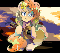 Size: 1600x1423 | Tagged: safe, artist:tyuubatu, character:pear butter, species:earth pony, species:pony, episode:the perfect pear, g4, my little pony: friendship is magic, acoustic guitar, female, flower, flower in hair, guitar, looking at you, mare, smiling, solo