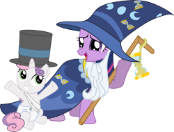 Size: 3941x3000 | Tagged: safe, artist:eagle1division, character:sweetie belle, character:twilight sparkle, species:pony, species:unicorn, beard, bell, cloak, clothing, costume, diaper, duo, facial hair, fake beard, female, filly, hat, hourglass, mare, new year, old year, open mouth, raised arm, robe, sash, simple background, sitting, staff, top hat, transparent background, wizard hat