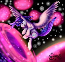 Size: 4500x4300 | Tagged: safe, artist:shamy-crist, oc, oc only, oc:dimensional armgic, parent:flash sentry, parent:twilight sparkle, parents:flashlight, species:alicorn, species:pony, absurd resolution, female, flying, magic, mare, offspring, solo