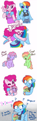 Size: 2400x7664 | Tagged: safe, artist:synnibear03, character:pinkie pie, character:rainbow dash, oc, oc:goofball, oc:mint swirl, oc:ponytale pinkie, oc:ponytale rainbow, parent:pinkie pie, parent:rainbow dash, parents:pinkiedash, species:anthro, species:earth pony, species:pegasus, species:pony, comic:ponytale, ship:pinkiedash, anthro with ponies, baby, baby pony, belly button, clothing, confusion, equestria girls outfit, female, female symbol, filly, high res, hoof hands, hug, lesbian, magical lesbian spawn, math, midriff, offspring, one eye closed, pacifier, question mark, shipping, skirt, thinking, tongue out, wide eyes, wink