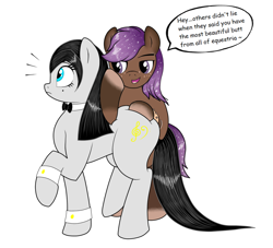 Size: 1100x1000 | Tagged: safe, artist:thepianistmare, oc, oc only, oc:klavinova, oc:smoky glitter, species:earth pony, species:pony, butt grab, butt touch, commission, dialogue, female, flirting, grope, hoof on butt, male, mare, molestation, non-consensual butt fondling, personal space invasion, raised hoof, simple background, surprised, white background