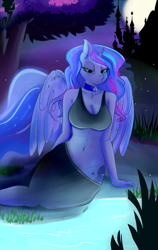 Size: 1900x3000 | Tagged: safe, artist:huckser, character:princess luna, species:anthro, bedroom eyes, belly button, breasts, busty princess luna, canterlot, cleavage, clothing, female, looking at you, midriff, outdoors, solo