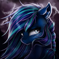 Size: 2048x2048 | Tagged: safe, artist:gaelledragons, oc, oc only, oc:squeila forest, species:earth pony, species:pony, bust, cloud, female, lightning, mare, multicolored hair, portrait, solo, storm, stormcloud