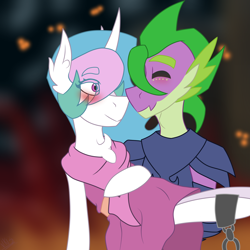 Size: 1688x1688 | Tagged: safe, artist:moonakart13, artist:moonaknight13, character:princess celestia, character:spike, species:dragon, adult, adult spike, armor, blushing, bridal carry, carrying, castle, chains, clothing, crack shipping, dress, eyes closed, female, fire, freckles, gala dress, male, older, older spike, rescue, saved, shackles, shipping, smiling, spikelestia, straight