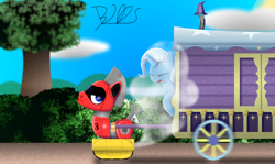 Size: 2500x1487 | Tagged: safe, artist:trackheadtherobopony, character:trixie, oc, oc:trackhead, species:pony, coughing, duo, exhaust fumes, oc and canon, pulling, robot, robot pony, trixie's wagon