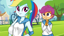 Size: 1920x1080 | Tagged: safe, artist:philelmago, character:rainbow dash, character:scootaloo, species:pegasus, species:pony, my little pony:equestria girls, clothing, grass, outdoors, smiling, tree
