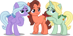 Size: 10359x5210 | Tagged: safe, artist:chrzanek97, character:dear darling, character:fond feather, character:swoon song, species:earth pony, species:pegasus, species:pony, species:unicorn, episode:hard to say anything, g4, my little pony: friendship is magic, absurd resolution, background pony, bimbettes, female, lidded eyes, mare, raised hoof, simple background, transparent background, trio, trio female, vector
