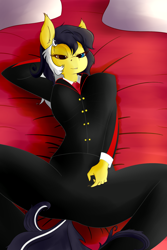 Size: 2000x3000 | Tagged: safe, artist:huckser, oc, oc only, oc:zedwin, species:anthro, bedroom eyes, clothing, female, heterochromia, looking at you, solo