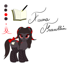Size: 1700x1600 | Tagged: safe, artist:thepianistmare, edit, oc, oc only, oc:fauna franklin, bow, commission, fishnets, red and black oc, reference sheet, sfw edit