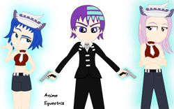 Size: 1524x954 | Tagged: safe, artist:anime-equestria, character:princess celestia, character:princess luna, character:starlight glimmer, my little pony:equestria girls, anime, clothing, crossover, death the kid, gun, handgun, hat, soul eater, weapon