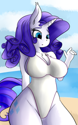 Size: 2200x3500 | Tagged: safe, artist:huckser, character:rarity, species:anthro, beach, beach babe, big breasts, breasts, busty rarity, cleavage, clothing, curvy, female, one-piece swimsuit, sexy, solo, stupid sexy rarity, swimsuit, swimsuit babe, thighs, wide hips