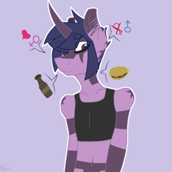 Size: 1688x1688 | Tagged: safe, artist:moonakart13, artist:moonaknight13, character:twilight sparkle, oc, oc only, oc:twilight night, species:anthro, beer bottle, belly button, binder, clothing, female, food, lgbt, male, markings, midriff, outline, pride, solo, sports bra, straight, trans male, transgender