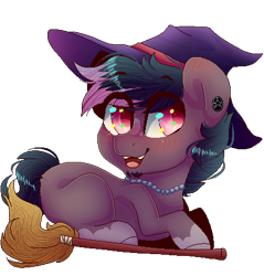 Size: 433x453 | Tagged: safe, artist:skimea, oc, species:earth pony, species:pony, blushing, broom, chibi, clothing, ear blush, flying, flying broomstick, hat, jewelry, male, necklace, pixel art, prone, simple background, smiling, solo, stallion, transparent background, witch hat