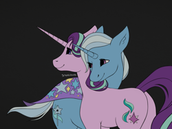 Size: 2048x1536 | Tagged: safe, artist:incendiaryboobs, artist:mylittlelevi64, artist:snobbleweb, character:starlight glimmer, character:trixie, species:pony, species:unicorn, ship:startrix, cape, clothing, duo, female, lesbian, lidded eyes, nuzzling, shipping, smiling, trixie's cape