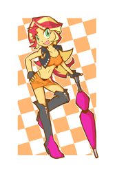 Size: 800x1200 | Tagged: safe, artist:rvceric, character:sunset shimmer, my little pony:equestria girls, adorasexy, alternate costumes, boots, breasts, cleavage, clothing, cute, female, fingerless gloves, gloves, high heel boots, looking at you, miniskirt, race queen, sexy, shimmerbetes, shoes, skirt, smiling, solo, umbrella