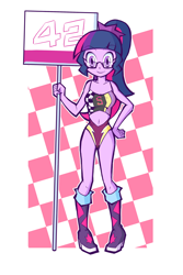 Size: 800x1200 | Tagged: safe, artist:rvceric, character:twilight sparkle, character:twilight sparkle (scitwi), species:eqg human, my little pony:equestria girls, 42, adorasexy, belly button, boots, checkered background, clothing, cute, female, glasses, high heel boots, leotard, looking at you, navel cutout, race queen, sexy, shoes, sign, smiling, solo, twiabetes