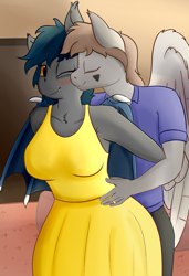 Size: 2400x3500 | Tagged: safe, artist:huckser, oc, oc only, oc:nuke, oc:speck, species:anthro, species:bat pony, bedroom, blushing, clothing, couple, dress, female, husband and wife, kiss on the cheek, kissing, male, married couple, married couples doing married things, shipping, speke, straight