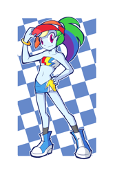 Size: 800x1200 | Tagged: safe, artist:rvceric, character:rainbow dash, my little pony:equestria girls, adorasexy, bandeau, belly button, boots, breasts, clothing, cute, dashabetes, delicious flat chest, female, hand on hip, hat, high heel boots, looking at you, miniskirt, multicolored hair, ponytail, race queen, rainbow flat, sexy, shoes, skirt, smiling, solo, tube top, visor