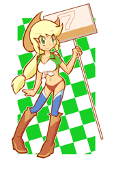 Size: 800x1200 | Tagged: safe, artist:rvceric, character:applejack, my little pony:equestria girls, adorasexy, applejack's hat, belly button, boots, breasts, busty applejack, cleavage, clothing, cowboy hat, cute, female, front knot midriff, hat, high heel boots, jackabetes, midriff, race queen, sexy, shoes, sign, smiling, solo, stetson
