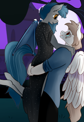 Size: 2400x3500 | Tagged: safe, artist:huckser, oc, oc only, oc:nuke, oc:speck, species:anthro, species:bat pony, species:pegasus, species:pony, canterlot, clothing, couple, dress, female, hug, husband and wife, looking at each other, male, married couple, married couples doing married things, shipping, smiling, speke, straight