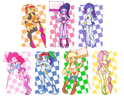 Size: 900x707 | Tagged: safe, artist:rvceric, character:applejack, character:fluttershy, character:pinkie pie, character:rainbow dash, character:rarity, character:sunset shimmer, character:twilight sparkle, character:twilight sparkle (scitwi), species:eqg human, my little pony:equestria girls, belly button, boots, breasts, clothing, cowboy hat, delicious flat chest, glasses, hat, high heel boots, high heels, humane five, humane seven, humane six, looking at you, midriff, panties, race queen, rainbow flat, shoes, sign, skirt, skirt lift, small breasts, smiling, stetson, thigh boots, umbrella, underwear, upskirt, white underwear