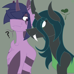 Size: 1688x1688 | Tagged: safe, artist:moonakart13, artist:moonaknight13, character:queen chrysalis, character:twilight sparkle, oc, oc:dusk shine, oc:twilight night, ship:twisalis, dusksalis, fangs, female, frown, heart, male, markings, question mark, rule 63, shipping, smiling