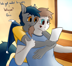 Size: 2600x2400 | Tagged: safe, artist:huckser, oc, oc only, oc:nuke, oc:speck, species:anthro, species:bat pony, species:pegasus, species:pony, clothing, couple, dialogue, female, hug, husband and wife, male, marriage proposal, married couple, married couples doing married things, nervous, shipping, speke, straight, surprised