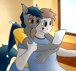 Size: 2600x2400 | Tagged: safe, artist:huckser, oc, oc only, oc:nuke, oc:speck, species:anthro, species:bat pony, species:pegasus, species:pony, clothing, couple, female, hug, husband and wife, male, married couple, married couples doing married things, nervous, shipping, speke, straight, surprised
