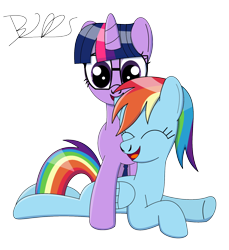 Size: 1536x1678 | Tagged: safe, artist:trackheadtherobopony, character:rainbow dash, character:twilight sparkle, character:twilight sparkle (scitwi), species:eqg human, ship:twidash, cute, duo, duo female, female, laughing, lesbian, nibbling, prone, shipping, signature, simple background, transparent background