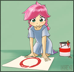 Size: 755x741 | Tagged: safe, artist:kprovido, character:kettle corn, species:human, episode:marks and recreation, g4, my little pony: friendship is magic, circle painting, clothing, dress, female, green background, humanized, kettlebetes, paint, paint bucket, simple background, solo, that pony sure does love circles